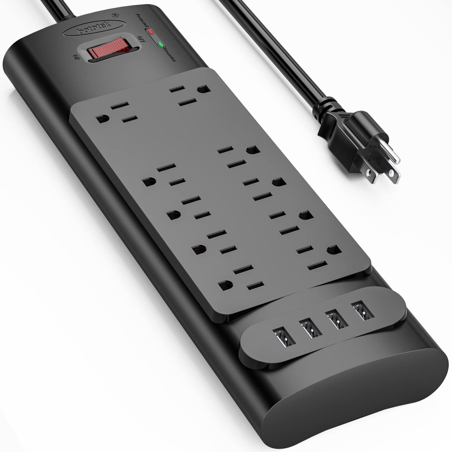 47490 - Bototek Surge Protector Power Strip with 10 AC Outlets and 4 USB Ports USA