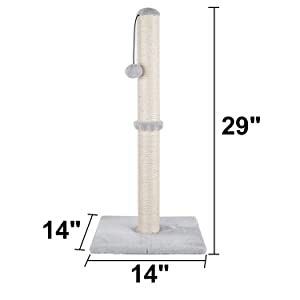 49533 - Dimaka 29" Tall Cat Scratching Post, Claw Scratcher with Sisal Rope, Teasing Toy Ball and Covered with Soft Plush (Grey) USA